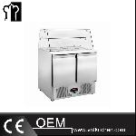 0.9m 2 Doors Static Cooling Salad Work Bench With Curved Glass