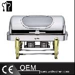 Oblong Double Pan Chafing Dish With Gilt Legs & Show Window