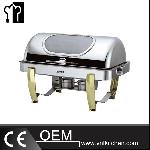 Oblong Double Pans Chafing Dish With Gilt Legs & Show Window