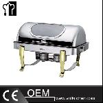 Oblong Single Pan Chafing Dish With Gilt Legs & Show Window